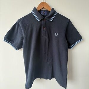 Fred Perry Navy Polo Shirt with Light Blue Accents. Made In England